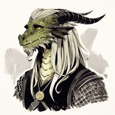 a drawing of a dragon with long white hair and horns on it's head