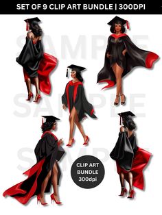 six different graduation gowns with red and black colors