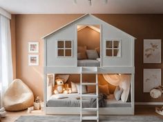 a child's bedroom with bunk beds and stuffed animals on the floor in front of it