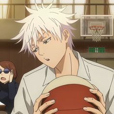 an anime character holding a basketball in front of his face and looking at the camera