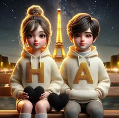 two children sitting on a bench with the eiffel tower in the back ground