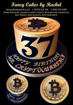 a birthday cake made to look like bitcoin coins