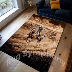 a living room with a couch and rug on the floor that has an image of two cowboys riding horses