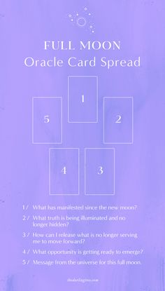 the full moon oracle card spread is shown in blue and purple tones with numbers below it