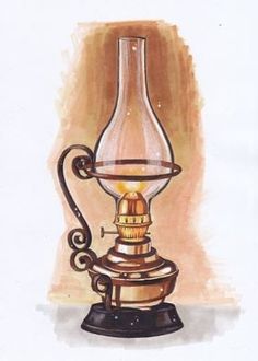 an old fashioned oil lamp is shown in this watercolor and ink painting style drawing