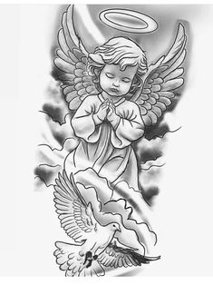 an angel tattoo design on the back of a woman's arm, with two doves