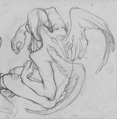 a pencil drawing of an angel sitting on top of a person's head with wings