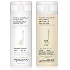 GIOVANNI Tea Tree Triple Treat Invigorating Shampoo and Conditioner Set increases scalp circulation for a refreshed, renewed feel while helping to alleviate dryness and flaking of the scalp, making this a great choice for those who need help with dandruff control. The cooling Aloe Vera, Lavender, Sage, and other botanical oils in this stimulating formula enhances shine while awakening hair follicles. Look in the Ingredients section for a listing of *USDA certified organic ingredients. GIOVANNI was the first full-range, salon-inspired hair-care brand in natural product stores, and today is the #1 selling Hair Care line in the United States Natural Products Industry. INVIGORATING SCALP CARE: Tea Tree Triple Treat Invigorating Shampoo & Conditioner Set increases scalp circulation for a refres Shampoo For Damaged Hair, Shampoo And Conditioner Set, Hair Care Brands, Hair Cleanse, Hydrating Shampoo, Clarifying Shampoo, Volumizing Shampoo, Moisturizing Conditioner, Botanical Oils