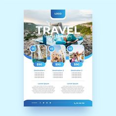 a travel flyer template with photos and text on the front, along with an image of people