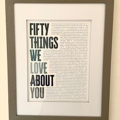 a framed book page with the words fifty things we love about you