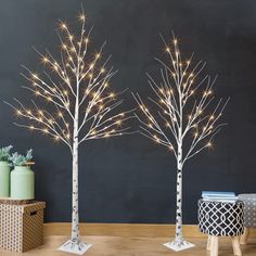 three white birch trees with lights on them in front of a black wall and chair