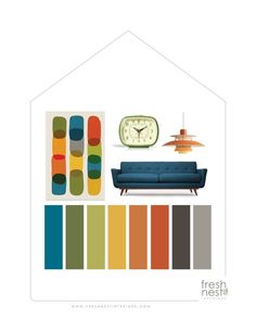 a living room filled with furniture and a clock on the wall next to color swatches