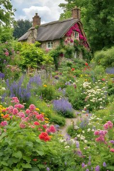 a garden filled with lots of flowers next to a small house on top of a hill