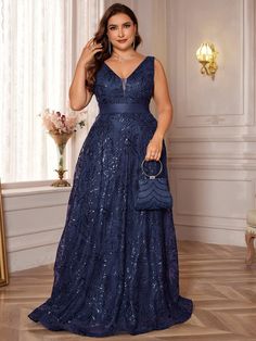 Beaded Splice Design V-Neck High Low Hem Plus Size Women Formal Evening Gown (Heavy Duty), Prom Dress, For Wedding Guest, Graduation, Dinner Navy Blue Party  Sleeveless Sequins Colorblock,Plain,All Over Print A Line Slight Stretch  Weddings & Events, size features are:Bust: ,Length: ,Sleeve Length: A Line Formal Dress Long, Beaded Formal Gown, Party Dress For Plus Size Women, Evening Gowns Shein, Evening Gowns For Plus Size Women, Plus Size Evening Wear, Plus Size Gala Dress, Navy Formal Dress, Plus Size Evening Dresses