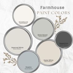 four different shades of paint that are white, gray, and grey with the words farmhouse painted