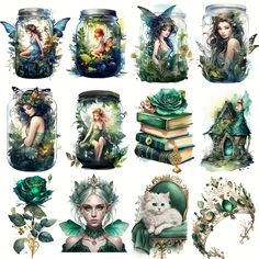 many different images of fairy characters in jars