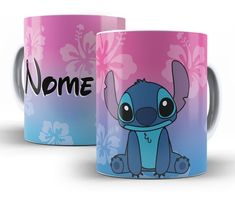 two coffee mugs with an image of stitcher from the disney movie stitchers