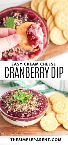 cranberry dip with crackers in the background and text overlay that reads easy cream cheese cranberry dip