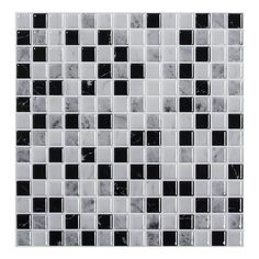 a white and black tile wall with squares on the bottom, one square in the middle