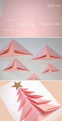 folded paper christmas tree with gold star on top and pink background, cut out from the bottom