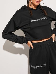 Letter Embroidery Drawstring Hoodie With Sweatpants #Sponsored , #Aff, #Embroidery#Letter#Drawstring Embroidery Letter, Fit Fashion, Letter Embroidery, Black Letter, Casual Black, Drawstring Hoodie, Two Piece Outfit