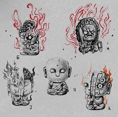 four different drawings of buddhas with fire coming out of their heads and the faces