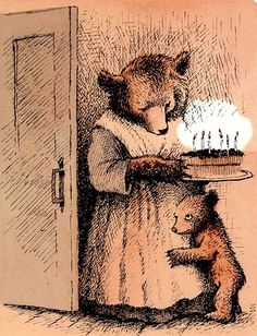 a drawing of a bear holding a cake with candles on it and another bear standing next to it