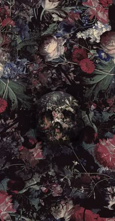 a bunch of flowers that are on top of a wallpaper covered in black and red