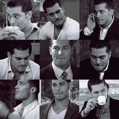 multiple pictures of men in suits and ties, one is holding a cell phone to his ear