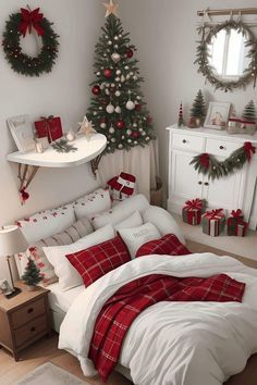 a bedroom decorated for christmas with red and white decor