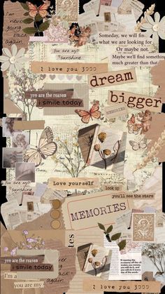 a collage of images with words and pictures on them, including flowers, butterflies, and other things