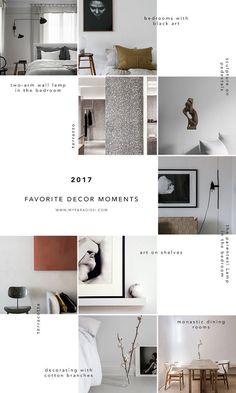 a collage of photos with different furniture and decor items in white, black, and grey colors