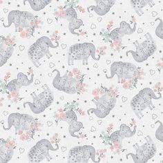 an elephant pattern with pink flowers and stars on white fabric, it is very cute