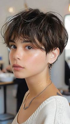 Unstyled Pixie Haircut, Short Hair Inspo Pixie Hairstyles, Tomboy Hairstyles Round Face, Pixie Cut Chubby Face, Haircuts Unstyled, Very Short Hair Styles, Edgy Bangs, Pixie Cut With Long Bangs, Brown Pixie