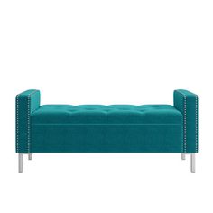 a blue bench with metal legs and studding on the armrests, against a white background