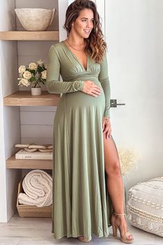 Get your hands on this Olive Maternity Maxi Dress with Long Sleeves available now at Saved By The Dress! This maternity dress is so easy to style for any occasion. Fall Maturity Dress, Sage Green Dress Maternity, Olive Green Dress Pregnant, Maternity Dress Fitted, Cute Maternity Dresses Formal, Maternity Cocktail Dress Fall, Cute Baby Shower Dresses For Mom, Safari Maternity Dress, Olive Maternity Dress