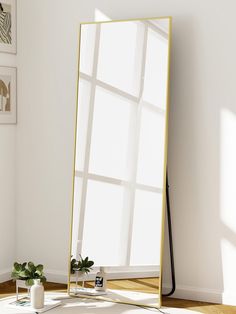 Gold  Collar  Aluminum Alloy   Embellished   Home Decor Full Body Mirror Bedroom Ideas, Bedroom Mirror Full Length, Full Body Mirror Bedroom, Dorm Mirror, Leaning Against Wall, Mirror With Stand, Mirror Full Length, Mirror Wall Bedroom, Gold Mirror Wall