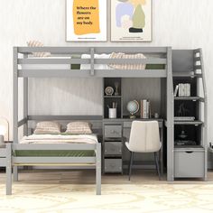 there is a bunk bed with a desk underneath it