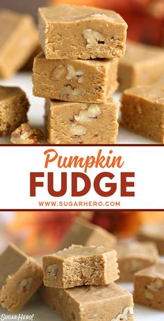 pumpkin fudge bars stacked on top of each other with the title in the middle