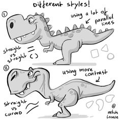 the different types of dinosaurs that can be seen in this cartoon drawing lesson for kids