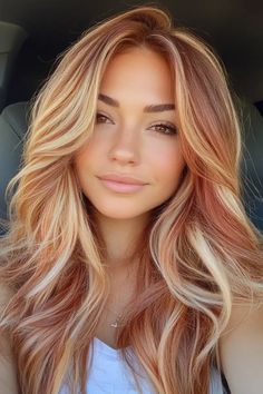 Young woman with long, highlighted hair and a calm expression. Red And Blonde Balayage, Fall Blondes, Quirky Hairstyles, Neapolitan Hair, Fine Haircuts, Shades Of Chocolate, Vanilla Blonde, Red Hair With Blonde Highlights, Strawberry Blonde Highlights