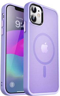 an iphone case with a magnifying glass on the front and back cover in purple