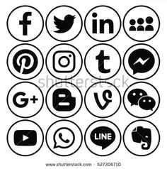 black and white social media icons set in circle on white background, eps 8x8