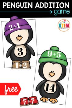 penguin addition game with two penguins in hats