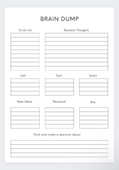 Collecting one's thoughts, ideas, plans and to do list can be hard to start. This planner is the perfect way to start little by little creating a picture of what you need to do.  This planner will help you to organise your thoughts and plans together. Never be stuck again you can categorise each thing you need to do, research, emails to send, calls to make, meals to eat and the random thoughts you may have. Keep them all in the same place.  Brain Dump Printable,Thought Organizer, ADHD brain dump Organization For Add Adults, Braindump Template, Thought Organizer, Thought Tracker, Writing Ideas Journal, Brain Dump Template, Thought Journal, Planer Organisation, Analysis Paralysis