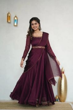 Hand embroidered Anarkali with embroidery  dupatta / wine color anarkali suit set / anarkali dupatta USA / crepe georgette dress with embroidered scallop dupatta / Indian dresses/ voggish / wine maxi dress with belt and dupatta          Looking for a perfect indian dress/anarkali/suit sets that are trendy, unique and easy to carry !! yess, You are at the right place. we carry such versatile pieces of anarkalis and suit sets that really let you stand out in any occassion !!      featuring this beautiful crepe georgette dress in wine color with hand embroidered at the front neck and body with full sleeves as shown paired with matching dupatta and belt with embroidery as shown !! A very classy, beautiful look makes your occasion Perfect !! Ready to ship !! can be customized in any color !! De Draped Anarkali Gown, Dress With Dupatta And Belt, Maroon Frocks For Women, Anarkali Style Burgundy Dupatta With Resham Embroidery, Burgundy Anarkali Dupatta With Resham Embroidery, Georgette Dress Indian, Plain Anarkali Dress Simple, Full Sleeve Anarkali, Anarkali Dress Simple