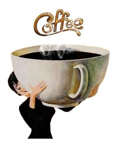 a drawing of a woman holding a coffee cup with steam coming out of it