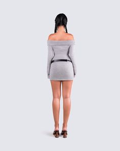 Chic, and cozy is the best duo ever 🤍 This two-piece ensemble features a grey sweater mini dress, paired with a black faux leather ring belt for a look that will have you looking and feeling good everywhere you go 😛 Grey Dress Outfit, Off The Shoulder Sweater Dress, Gray Outfit, White Corset Dress, Sweater Mini Dress, Yellow Mini Dress, Ring Belt, Leather Ring, Glamorous Dresses