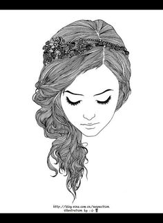 a drawing of a woman with long hair and a tiara on top of her head