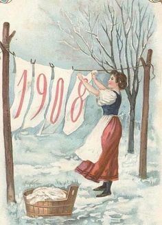 an old postcard shows a woman hanging clothes on a line in the snow,